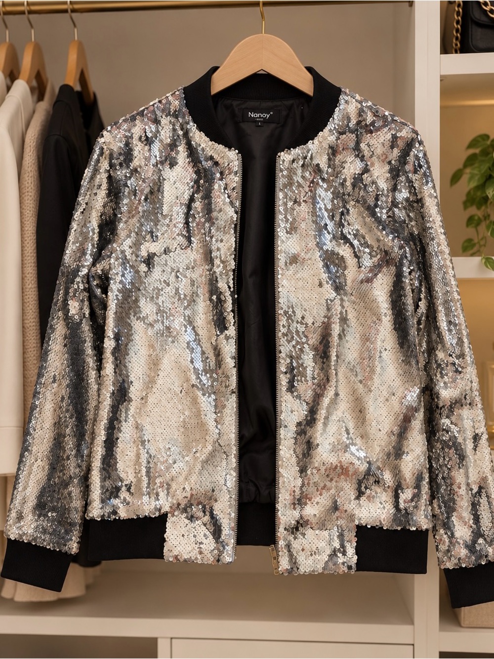 Nano Silver Sequin Bomber Jacket with Black Trim